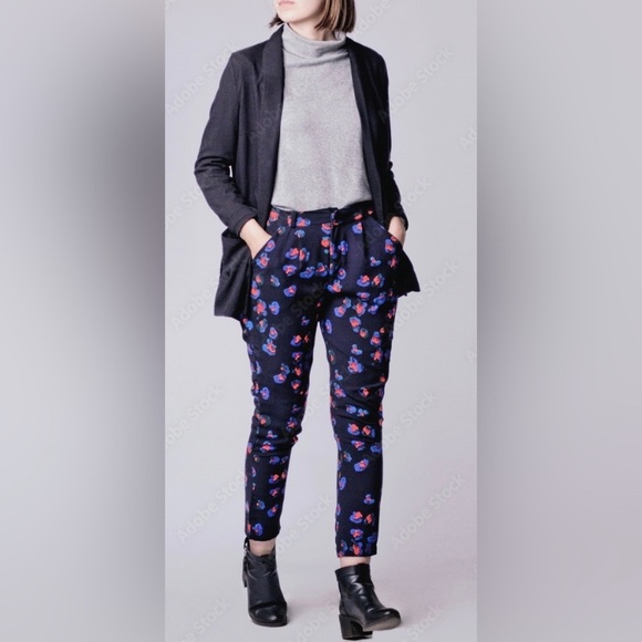 Topshop Navy Floral Printed High Rise Tapered Trouser Ankle Pants - Picture 1 of 10